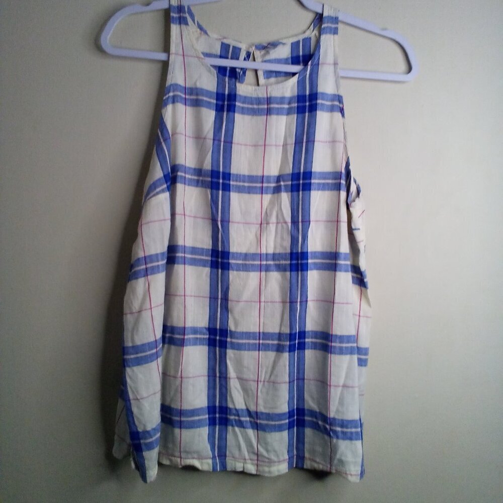 Old Navy Shirt Women M Sleeveless Blouse Flowing Plaid White Blue